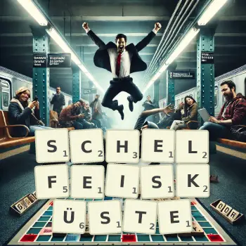 Kreative Illustration für ein Scrabble-Spiel, bei dem das Wort SCHELFEISKÜSTE mit Steinen auf dem Brett gelegt wurde.