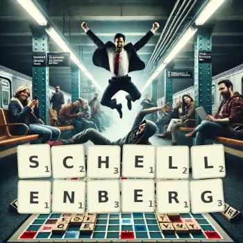 Kreative Illustration für ein Scrabble-Spiel, bei dem das Wort SCHELLENBERG mit Steinen auf dem Brett gelegt wurde.