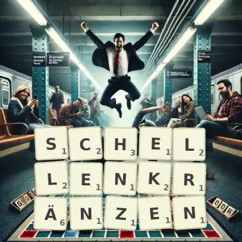 Kreative Illustration für ein Scrabble-Spiel, bei dem das Wort SCHELLENKRÄNZEN mit Steinen auf dem Brett gelegt wurde.
