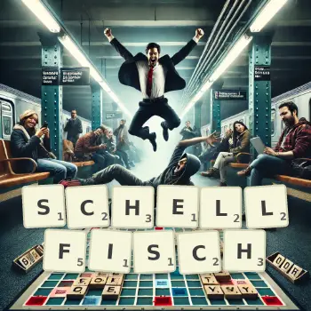Kreative Illustration für ein Scrabble-Spiel, bei dem das Wort SCHELLFISCH mit Steinen auf dem Brett gelegt wurde.