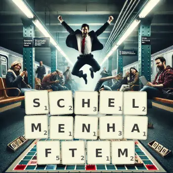 Kreative Illustration für ein Scrabble-Spiel, bei dem das Wort SCHELMENHAFTEM mit Steinen auf dem Brett gelegt wurde.