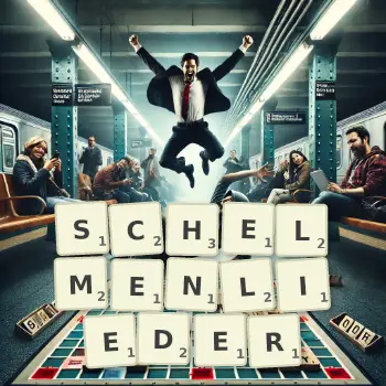 Kreative Illustration für ein Scrabble-Spiel, bei dem das Wort SCHELMENLIEDER mit Steinen auf dem Brett gelegt wurde.