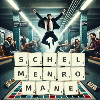 Kreative Illustration für ein Scrabble-Spiel, bei dem das Wort SCHELMENROMANE mit Steinen auf dem Brett gelegt wurde.