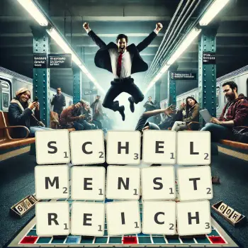 Kreative Illustration für ein Scrabble-Spiel, bei dem das Wort SCHELMENSTREICH mit Steinen auf dem Brett gelegt wurde.