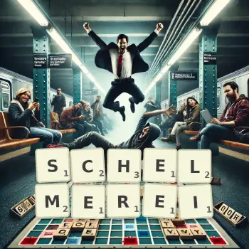 Kreative Illustration für ein Scrabble-Spiel, bei dem das Wort SCHELMEREI mit Steinen auf dem Brett gelegt wurde.