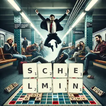 Kreative Illustration für ein Scrabble-Spiel, bei dem das Wort SCHELMIN mit Steinen auf dem Brett gelegt wurde.