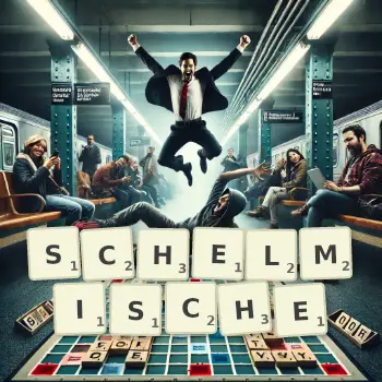Kreative Illustration für ein Scrabble-Spiel, bei dem das Wort SCHELMISCHE mit Steinen auf dem Brett gelegt wurde.