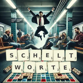 Kreative Illustration für ein Scrabble-Spiel, bei dem das Wort SCHELTWORTE mit Steinen auf dem Brett gelegt wurde.