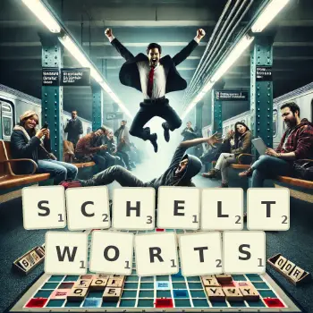 Kreative Illustration für ein Scrabble-Spiel, bei dem das Wort SCHELTWORTS mit Steinen auf dem Brett gelegt wurde.