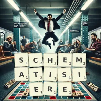 Kreative Illustration für ein Scrabble-Spiel, bei dem das Wort SCHEMATISIERE mit Steinen auf dem Brett gelegt wurde.