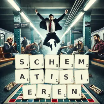 Kreative Illustration für ein Scrabble-Spiel, bei dem das Wort SCHEMATISIEREN mit Steinen auf dem Brett gelegt wurde.