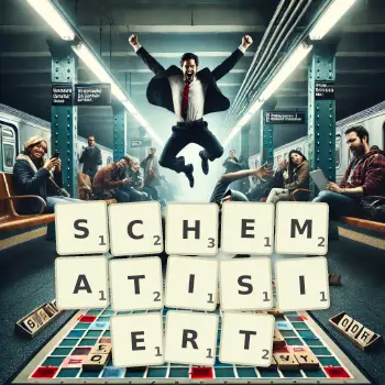 Kreative Illustration für ein Scrabble-Spiel, bei dem das Wort SCHEMATISIERT mit Steinen auf dem Brett gelegt wurde.