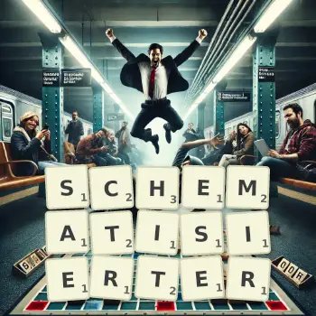 Kreative Illustration für ein Scrabble-Spiel, bei dem das Wort SCHEMATISIERTER mit Steinen auf dem Brett gelegt wurde.