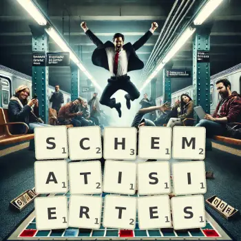 Kreative Illustration für ein Scrabble-Spiel, bei dem das Wort SCHEMATISIERTES mit Steinen auf dem Brett gelegt wurde.