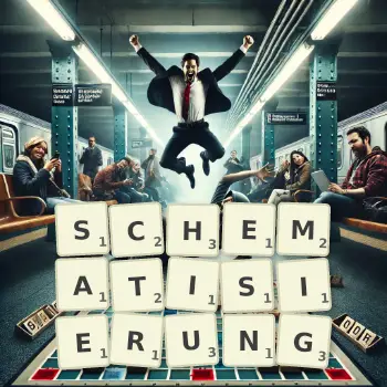 Kreative Illustration für ein Scrabble-Spiel, bei dem das Wort SCHEMATISIERUNG mit Steinen auf dem Brett gelegt wurde.