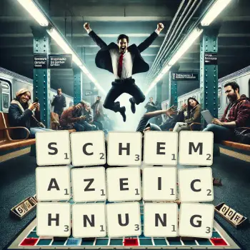 Kreative Illustration für ein Scrabble-Spiel, bei dem das Wort SCHEMAZEICHNUNG mit Steinen auf dem Brett gelegt wurde.