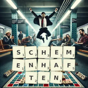 Kreative Illustration für ein Scrabble-Spiel, bei dem das Wort SCHEMENHAFTEN mit Steinen auf dem Brett gelegt wurde.