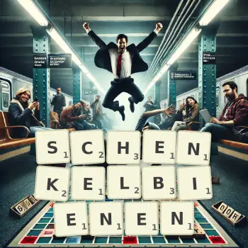 Kreative Illustration für ein Scrabble-Spiel, bei dem das Wort SCHENKELBIENEN mit Steinen auf dem Brett gelegt wurde.