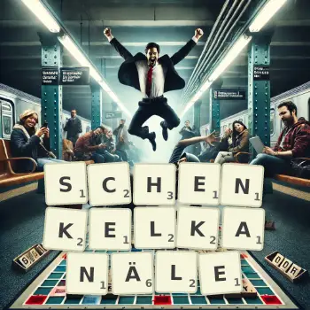 Kreative Illustration für ein Scrabble-Spiel, bei dem das Wort SCHENKELKANÄLE mit Steinen auf dem Brett gelegt wurde.