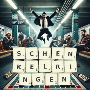 Kreative Illustration für ein Scrabble-Spiel, bei dem das Wort SCHENKELRINGEN mit Steinen auf dem Brett gelegt wurde.