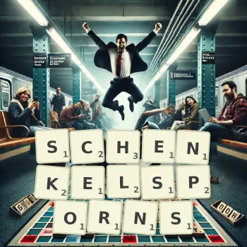 Kreative Illustration für ein Scrabble-Spiel, bei dem das Wort SCHENKELSPORNS mit Steinen auf dem Brett gelegt wurde.