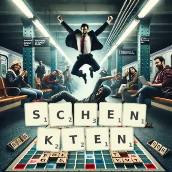 Kreative Illustration für ein Scrabble-Spiel, bei dem das Wort SCHENKTEN mit Steinen auf dem Brett gelegt wurde.