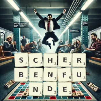 Kreative Illustration für ein Scrabble-Spiel, bei dem das Wort SCHERBENFUNDE mit Steinen auf dem Brett gelegt wurde.