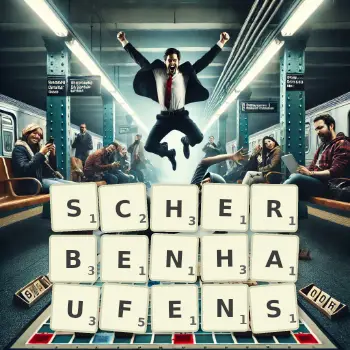 Kreative Illustration für ein Scrabble-Spiel, bei dem das Wort SCHERBENHAUFENS mit Steinen auf dem Brett gelegt wurde.