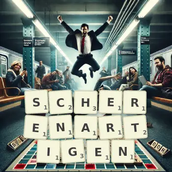 Kreative Illustration für ein Scrabble-Spiel, bei dem das Wort SCHERENARTIGEN mit Steinen auf dem Brett gelegt wurde.