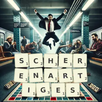Kreative Illustration für ein Scrabble-Spiel, bei dem das Wort SCHERENARTIGES mit Steinen auf dem Brett gelegt wurde.