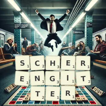 Kreative Illustration für ein Scrabble-Spiel, bei dem das Wort SCHERENGITTER mit Steinen auf dem Brett gelegt wurde.