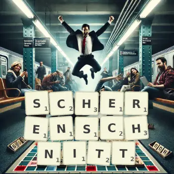 Kreative Illustration für ein Scrabble-Spiel, bei dem das Wort SCHERENSCHNITT mit Steinen auf dem Brett gelegt wurde.
