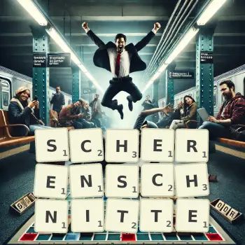 Kreative Illustration für ein Scrabble-Spiel, bei dem das Wort SCHERENSCHNITTE mit Steinen auf dem Brett gelegt wurde.