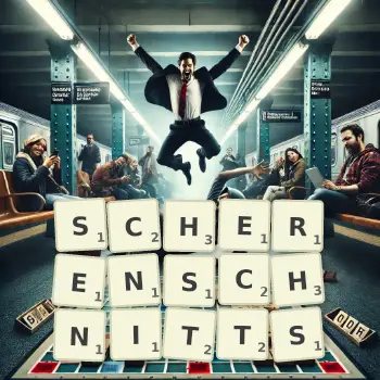 Kreative Illustration für ein Scrabble-Spiel, bei dem das Wort SCHERENSCHNITTS mit Steinen auf dem Brett gelegt wurde.