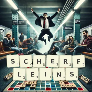 Kreative Illustration für ein Scrabble-Spiel, bei dem das Wort SCHERFLEINS mit Steinen auf dem Brett gelegt wurde.