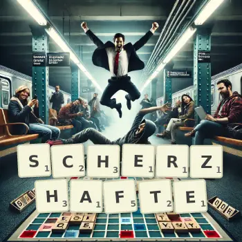 Kreative Illustration für ein Scrabble-Spiel, bei dem das Wort SCHERZHAFTE mit Steinen auf dem Brett gelegt wurde.