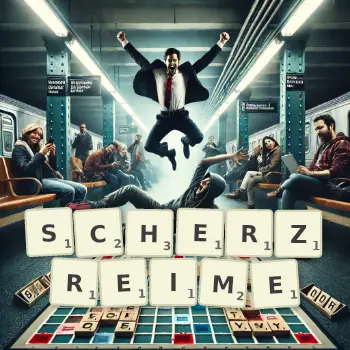 Kreative Illustration für ein Scrabble-Spiel, bei dem das Wort SCHERZREIME mit Steinen auf dem Brett gelegt wurde.
