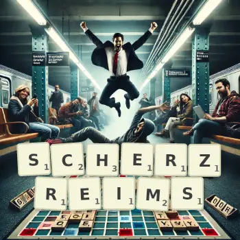 Kreative Illustration für ein Scrabble-Spiel, bei dem das Wort SCHERZREIMS mit Steinen auf dem Brett gelegt wurde.