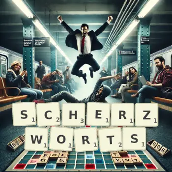 Kreative Illustration für ein Scrabble-Spiel, bei dem das Wort SCHERZWORTS mit Steinen auf dem Brett gelegt wurde.