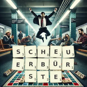 Kreative Illustration für ein Scrabble-Spiel, bei dem das Wort SCHEUERBÜRSTE mit Steinen auf dem Brett gelegt wurde.