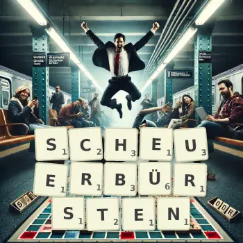 Kreative Illustration für ein Scrabble-Spiel, bei dem das Wort SCHEUERBÜRSTEN mit Steinen auf dem Brett gelegt wurde.