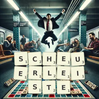 Kreative Illustration für ein Scrabble-Spiel, bei dem das Wort SCHEUERLEISTE mit Steinen auf dem Brett gelegt wurde.