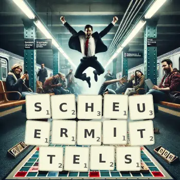 Kreative Illustration für ein Scrabble-Spiel, bei dem das Wort SCHEUERMITTELS mit Steinen auf dem Brett gelegt wurde.