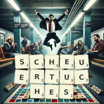 Kreative Illustration für ein Scrabble-Spiel, bei dem das Wort SCHEUERTUCHES mit Steinen auf dem Brett gelegt wurde.