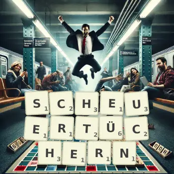 Kreative Illustration für ein Scrabble-Spiel, bei dem das Wort SCHEUERTÜCHERN mit Steinen auf dem Brett gelegt wurde.