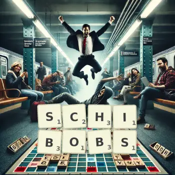 Kreative Illustration für ein Scrabble-Spiel, bei dem das Wort SCHIBOBS mit Steinen auf dem Brett gelegt wurde.