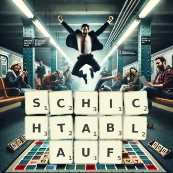 Kreative Illustration für ein Scrabble-Spiel, bei dem das Wort SCHICHTABLAUF mit Steinen auf dem Brett gelegt wurde.