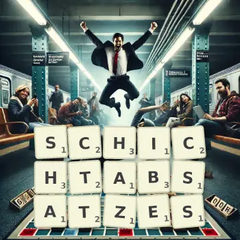 Kreative Illustration für ein Scrabble-Spiel, bei dem das Wort SCHICHTABSATZES mit Steinen auf dem Brett gelegt wurde.
