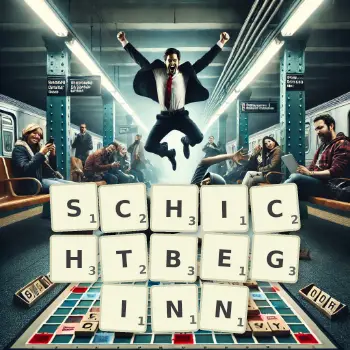 Kreative Illustration für ein Scrabble-Spiel, bei dem das Wort SCHICHTBEGINN mit Steinen auf dem Brett gelegt wurde.
