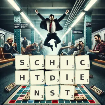 Kreative Illustration für ein Scrabble-Spiel, bei dem das Wort SCHICHTDIENST mit Steinen auf dem Brett gelegt wurde.